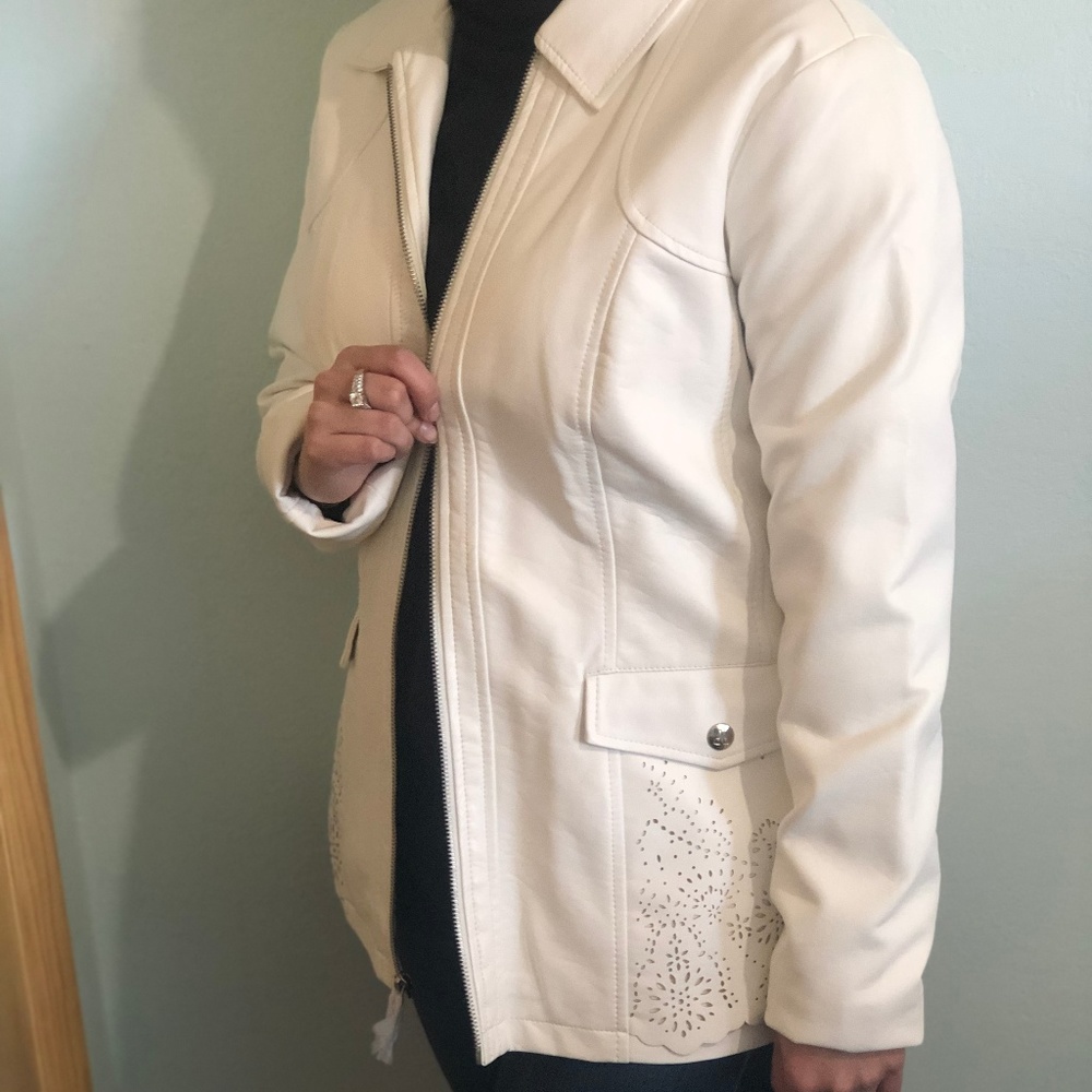 Dennis Basso Lasercut White Vegan Leather Jacket